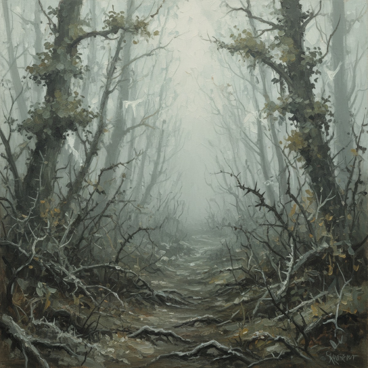 Misty tangled forest path