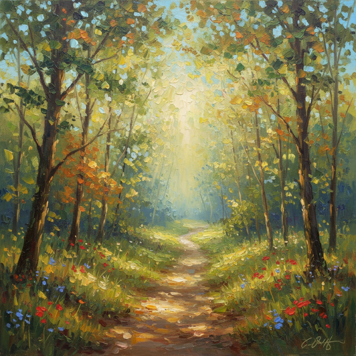 A serene forest path with dappled sunlight